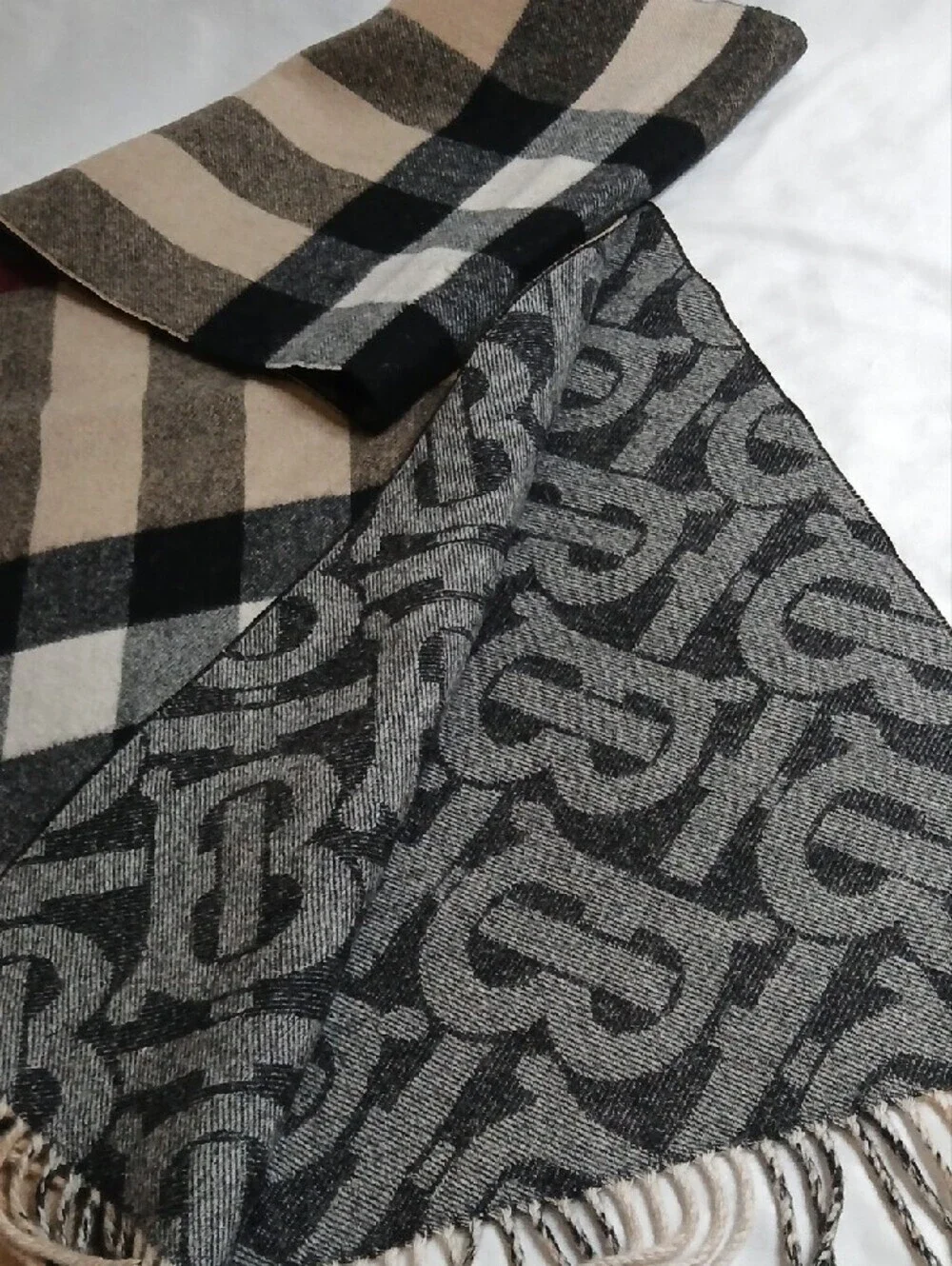 Burberry Beige, Black & Gray Check Cashmere Scarf